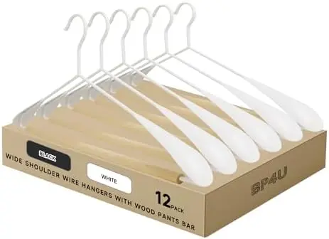 Wide Shoulder Wire Hangers with Beechwood Pants Bar, White, 12-Pack