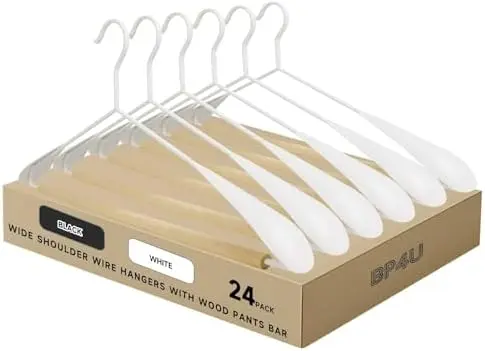 Wide Shoulder Wire Hangers with Beechwood Pants Bar, White, 24-Pack
