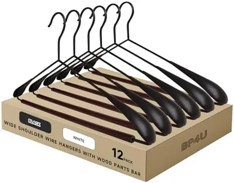 Wide Shoulder Wire Hangers with Wood Pants Bar, Black, 12-Pack