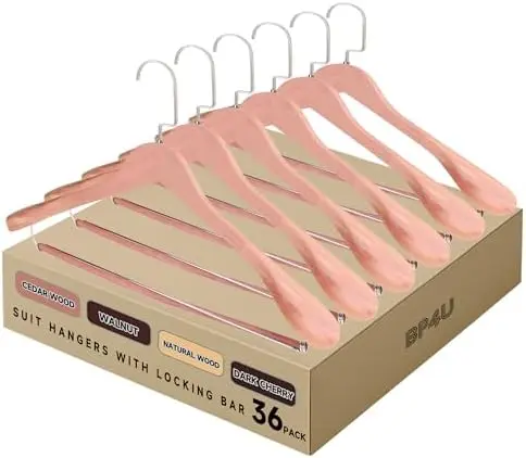 Wide Shoulder Wooden Hangers with Locking Bar, Cedar Wood, 36-Pack