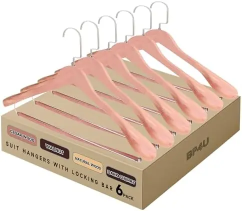 Wide Shoulder Wooden Hangers with Locking Bar, Cedar Wood, 6-Pack