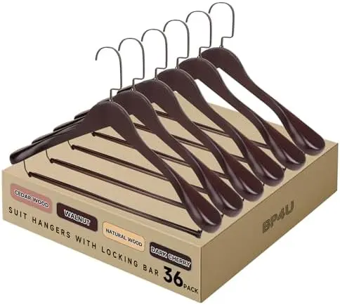 Wide Shoulder Wooden Hangers with Locking Bar, Dark Cherry, 36-Pack