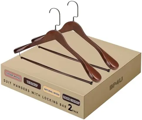 Wide Shoulder Wooden Hangers with Locking Bar, Walnut, 2-Pack