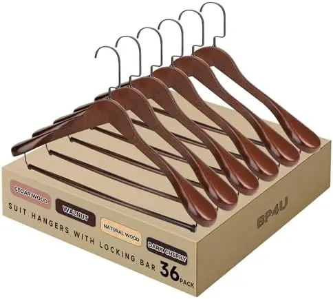 Wide Shoulder Wooden Hangers with Locking Bar, Walnut, 36-Pack
