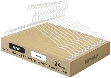Wire Metal Hangers with Smooth Beech Wood Pants Bar, White, 24-Pack