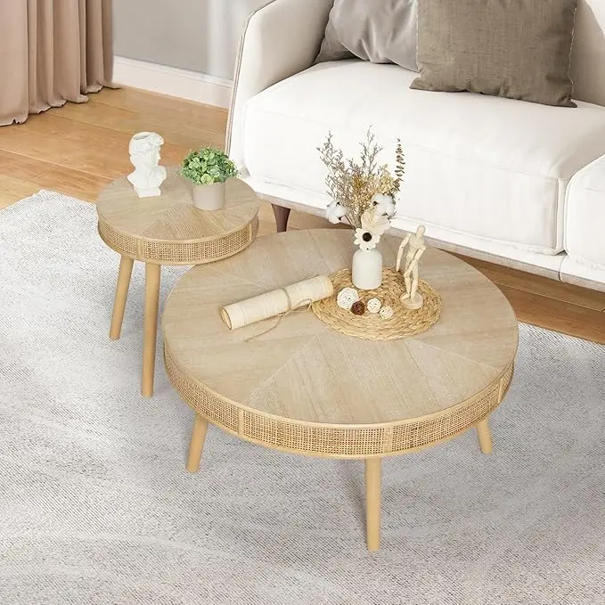Wnutrees Farmhouse Round Coffee Table, Rustic Sofa Side Tea Tables Nesting