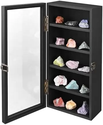 Wood 5 Shelf Wall-Mounted Case Display,Tempered Glass Door
