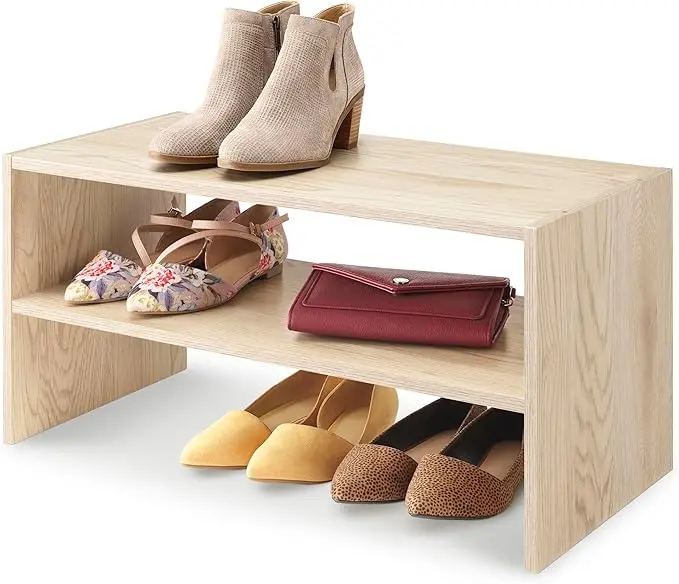 Wood Stackable 2-Shelf Shoe Rack, White Oak, 24 inches