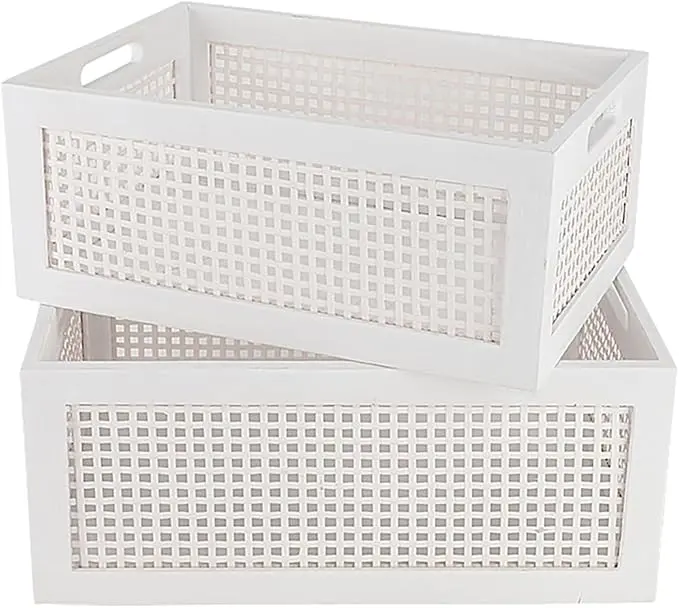 Wood Storage Baskets, Rattan Storage Baskets, Desk Office Drawer Storage Box. (White-Set2)