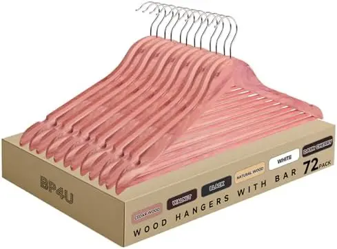 Wooden Clothes Hangers with Pants Bars, Cedar Wood, 72-Pack