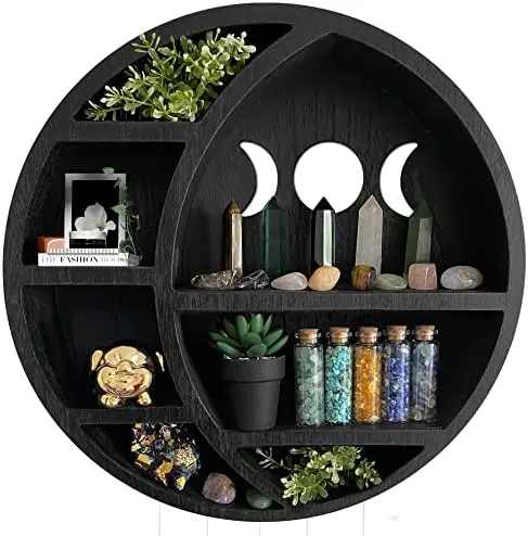 Wooden Crescent Moon Shelf for Crystals - Witchy Wall Shelf, Gothic Decor