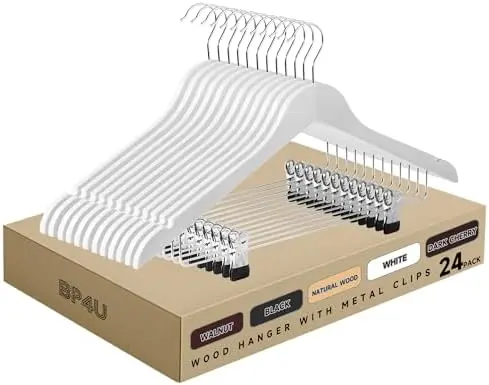 Wooden Hangers with Adjustable Metal Clips, 24-Pack, White
