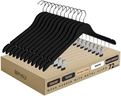 Wooden Hangers with Adjustable Metal Clips, 72-Pack, Black