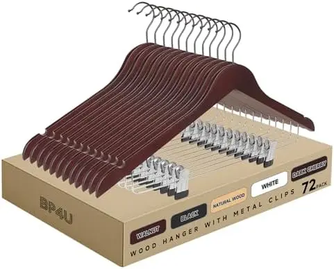 Wooden Hangers with Adjustable Metal Clips, 72-Pack, Dark Cherry
