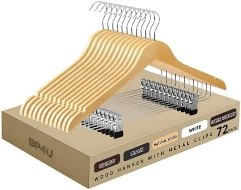Wooden Hangers with Adjustable Metal Clips, 72-Pack, Natural