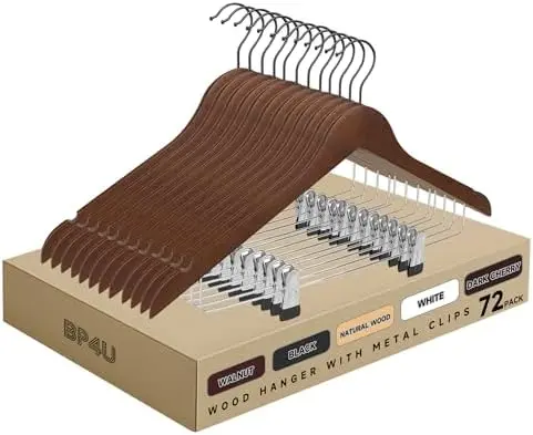 Wooden Hangers with Adjustable Metal Clips, 72-Pack, Walnut