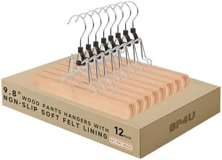 Wooden Non Slip Pants Hangers with Soft Felt Lining, 12-Pack, 9.8"