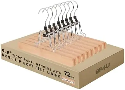 Wooden Non Slip Pants Hangers with Soft Felt Lining, 72-Pack, 9.8"