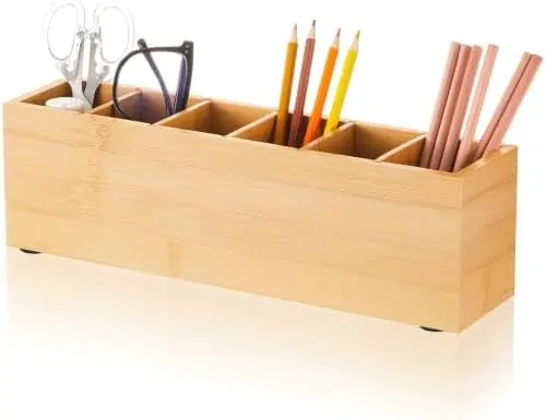 Wooden Pencil Pen Holder for Desk, Bamboo, 6 Compartments