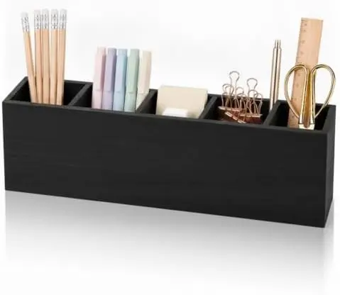Wooden Pencil Pen Holder for Desk, Black, 5 Compartments