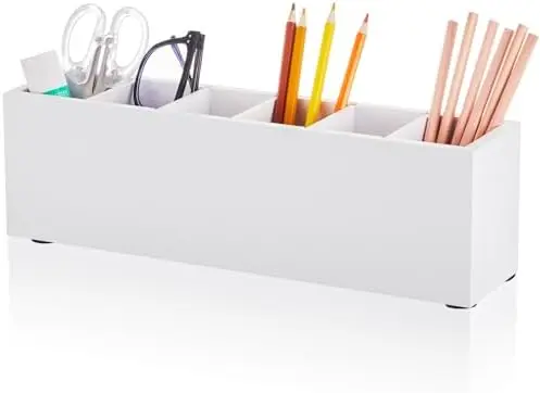 Wooden Pencil Pen Holder for Desk, White, 6 Compartments