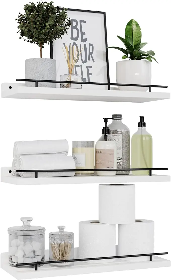WOPITUES Floating Shelves with Black Metal Guardrail, Shelves