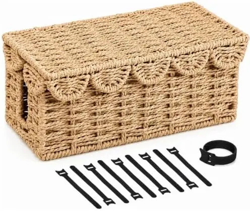 Woven Cable Management Box with Scalloped Lid, 13 Inch Cord Box