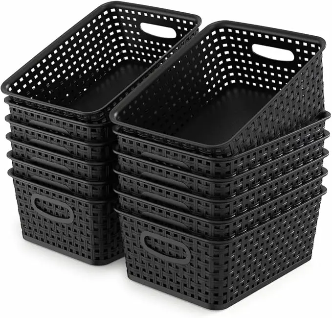 WYT 12-Pack Plastic Small Shelf Storage Weave Baskets for Organizing, Black