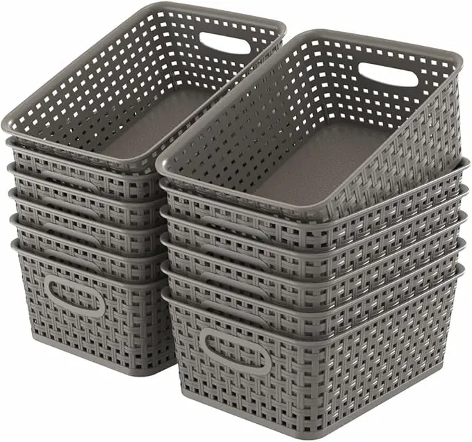WYT 12-Pack Plastic Small Shelf Storage Weave Baskets for Organizing, Grey