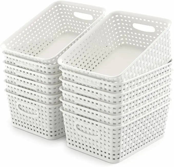 WYT 12-Pack Plastic Small Shelf Storage Weave Baskets for Organizing, White