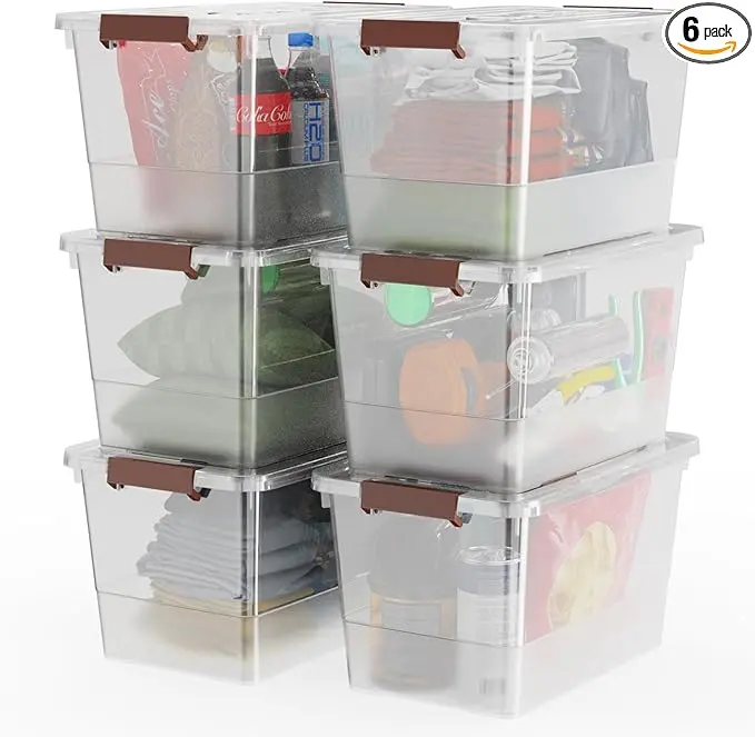 WYT 32 Qt Plastic Clear Storage Bin with Durable Lids and Latching Buckle, 6-Pack Tote Organizing Box Stackable and Nestable