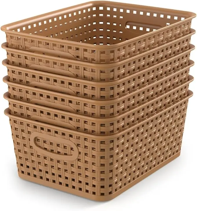 WYT 6-Pack Plastic Small Shelf Storage Weave Baskets Organizing for Cabinets and Pantries, Light Brown