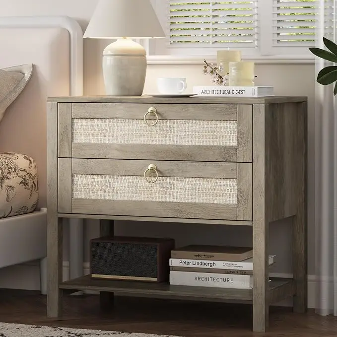 Xixini Nightstand wih 2 Drawers & Open Shelf, Small Mid Century Modern Night