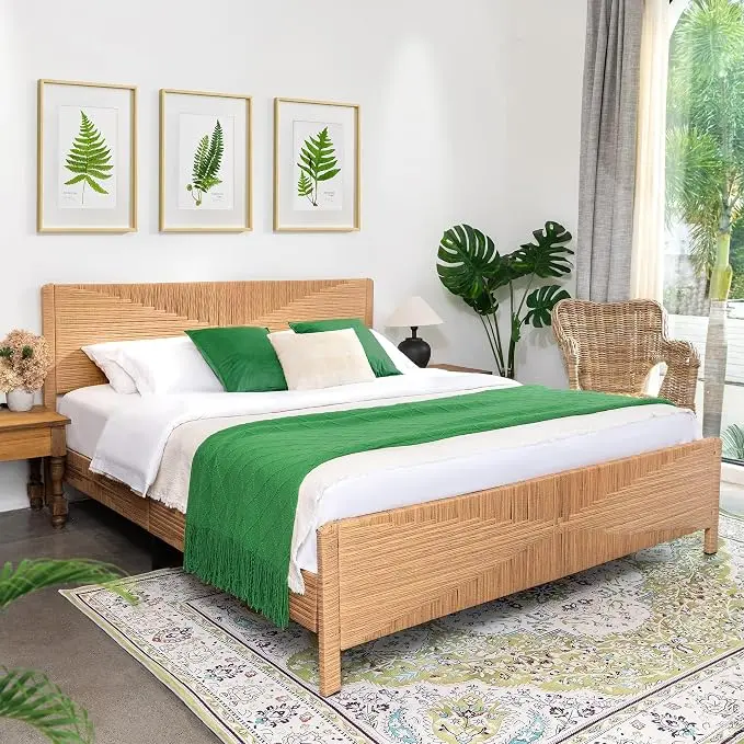 Yechen Hand-Woven PE Rattan King Bed Frame