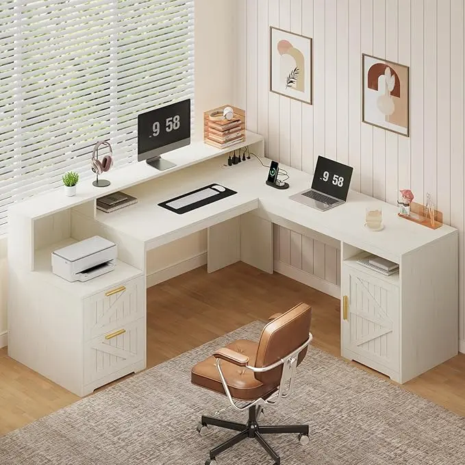 YOMILUVE 63" Farmhouse L Shaped Executive Desk