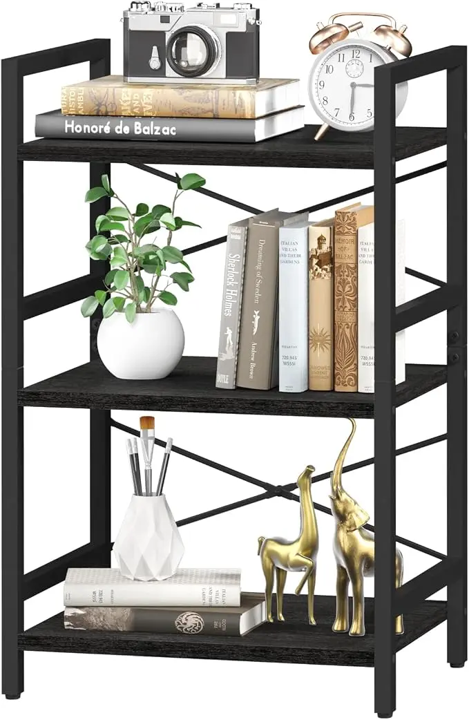 Yoobure Bookshelf Small Book Shelf, Solid Industrial 3 Tier Shelf Bookcase