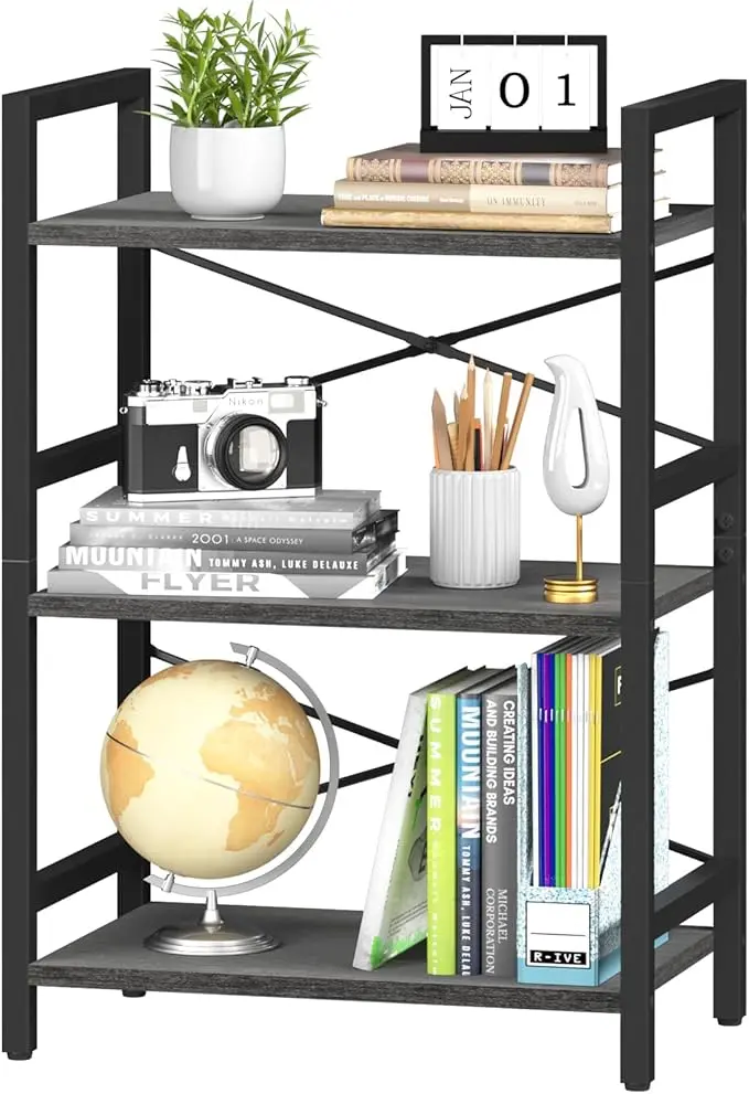 Yoobure Bookshelf Small Book Shelf, Solid Industrial 3 Tier Shelf Bookcase