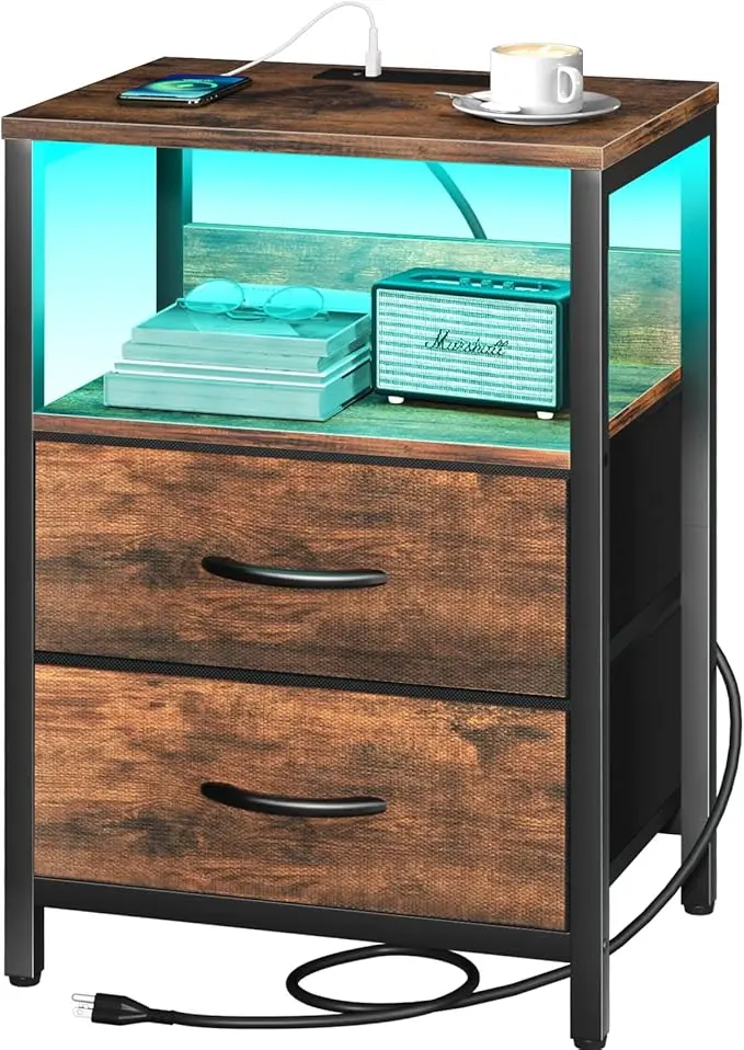 Yoobure Nightstand with Charging Station, LED Night Stand with Fabric Drawers