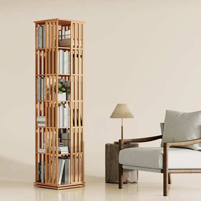 YOWOS Rotating Bookshelf Tower, 360° Display Spinning Bookcase, Bamboo
