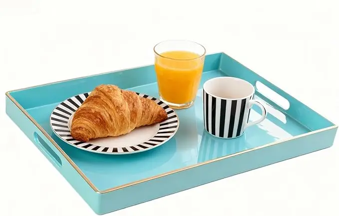 Zosenley Decorative Plastic Serving Tray with Handles, Modern Vanity Organizer for Bathroom, Kitchen, Ottoman and Coffee Table (Blue, Rectangular)
